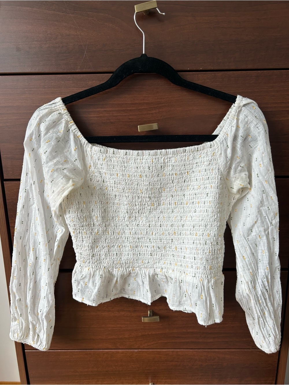 Smocked White Long-Sleeve Peasant Top